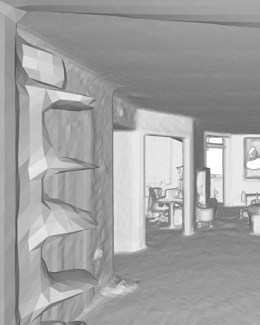 Grey render of the same view from the apartment's LiDAR mesh, with an example measurement