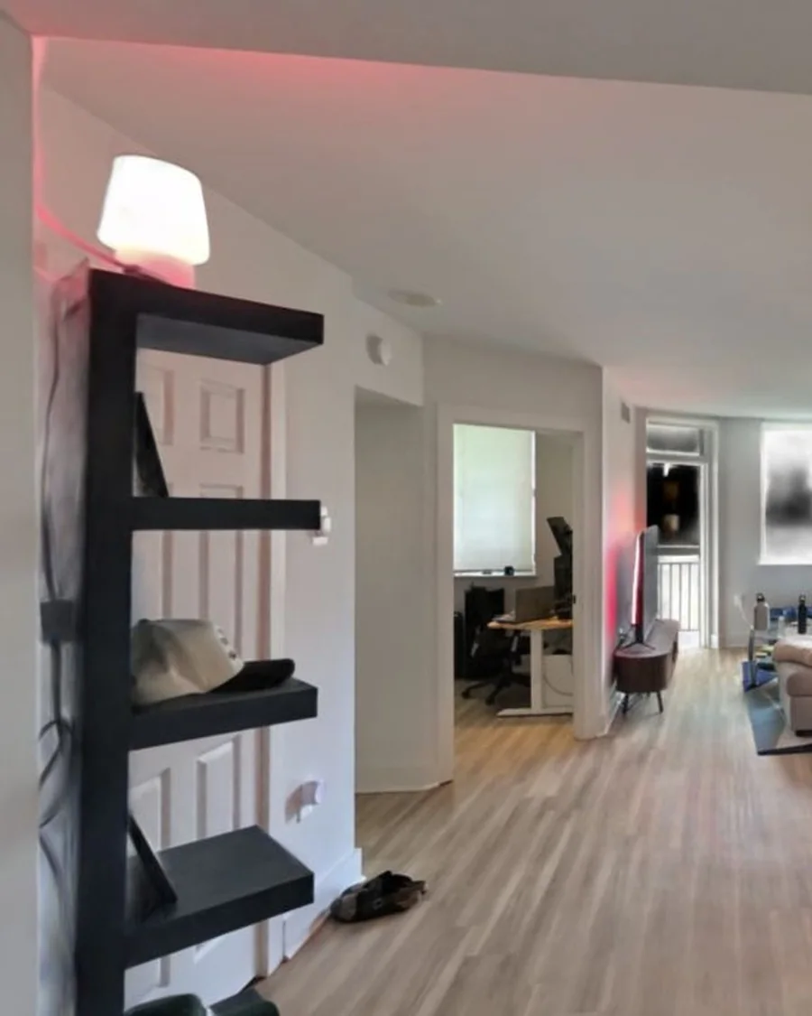 Sample apartment hallway toward the living room, 3D tour view