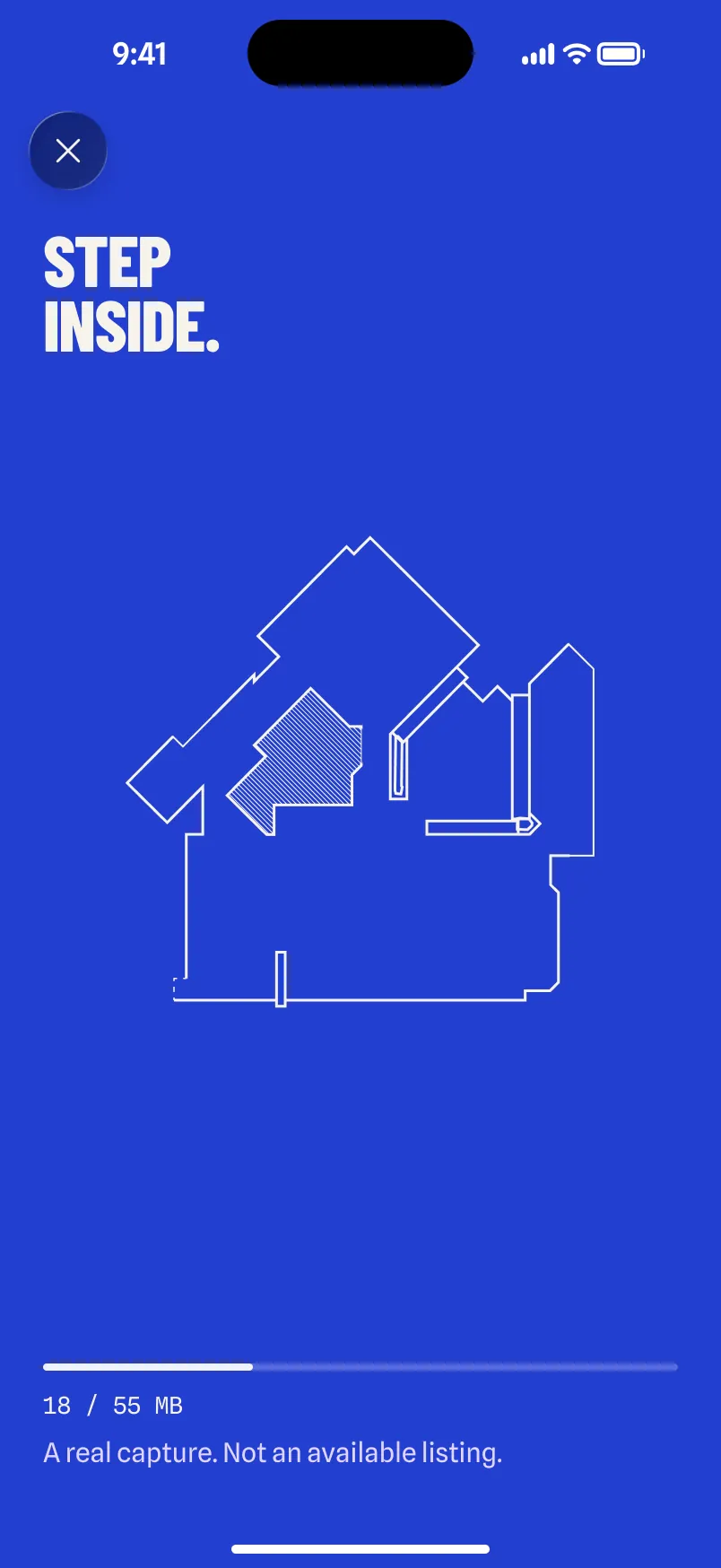 Design of the renter app loading the sample tour: Step inside, with the apartment's floor plan drawing on.