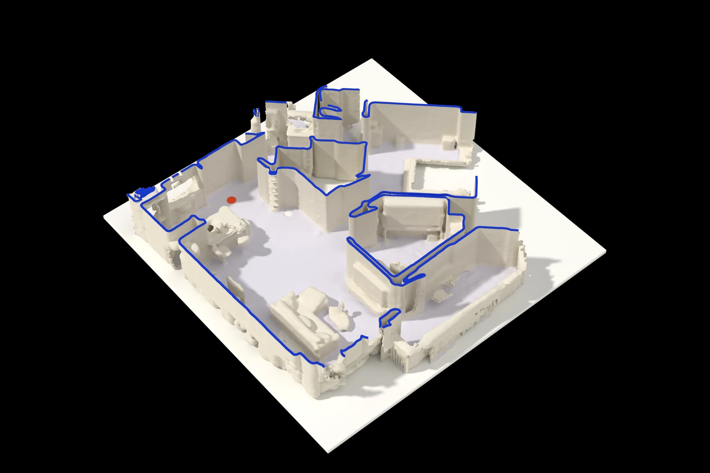 A clay-style model of the sample apartment’s rooms, seen from above