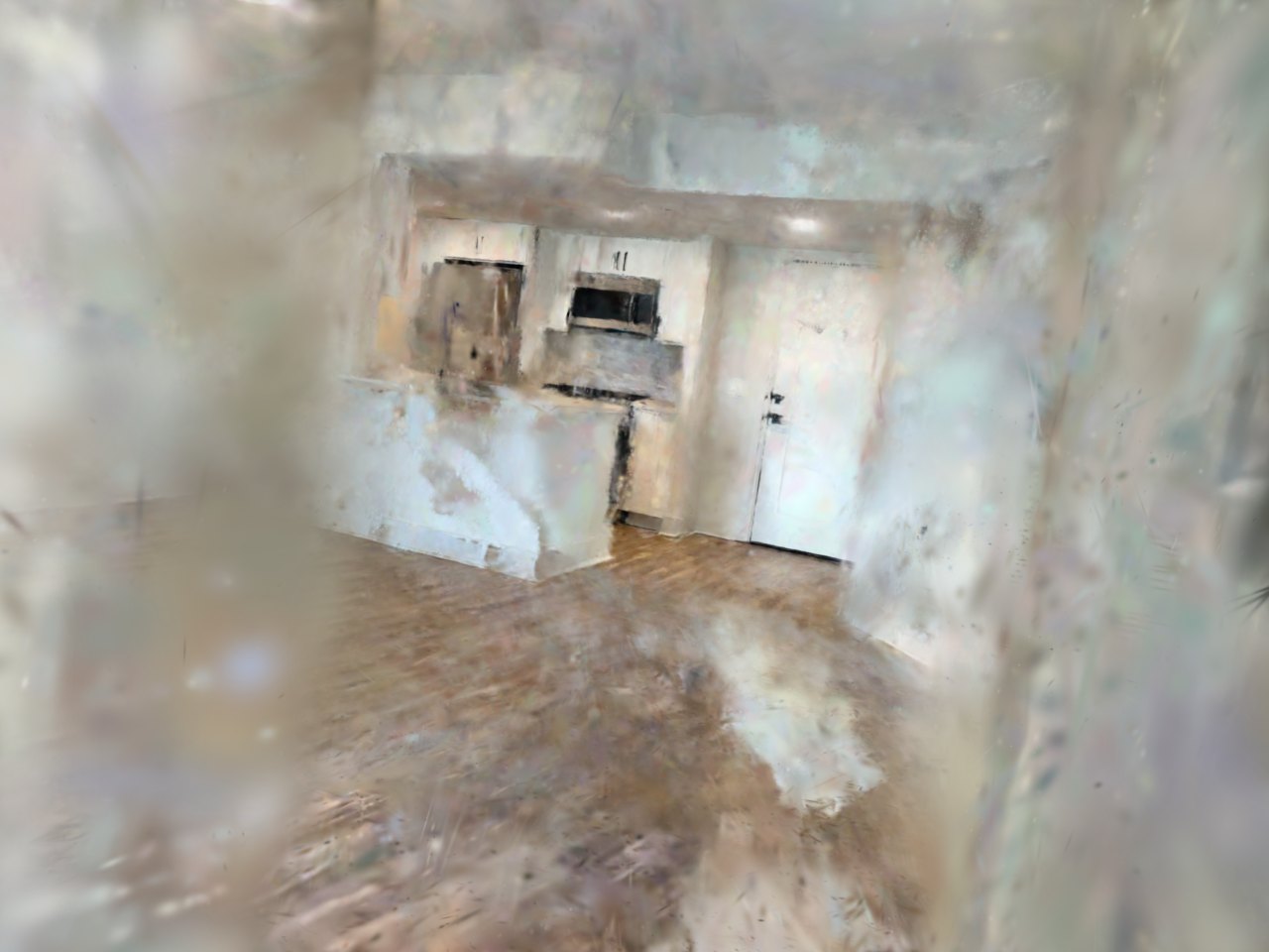 Rendered view of the empty apartment kitchen: bare cabinets, microwave, front door and wood floor, soft around the edges.