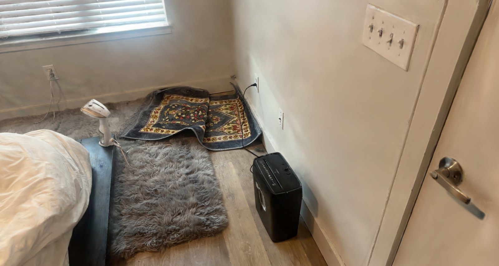 Rendered view of the scanned bedroom: door wall with light switches, layered rugs, bed corner and wood floor.